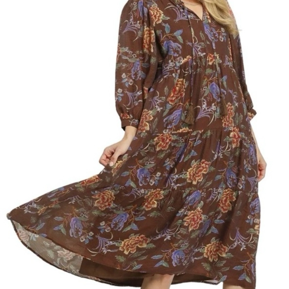 Umgee Boho Tiered Midi Dress Brown & Orange Like New Medium